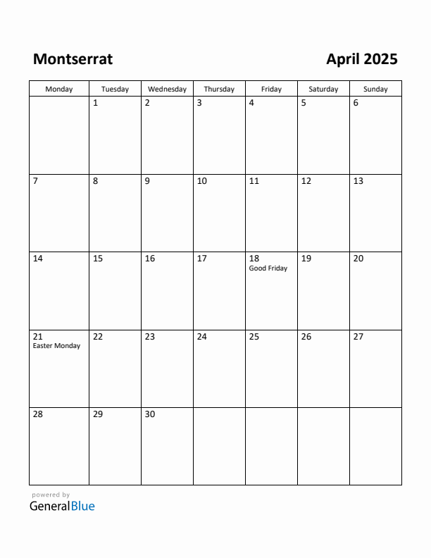 April 2025 Calendar with Montserrat Holidays