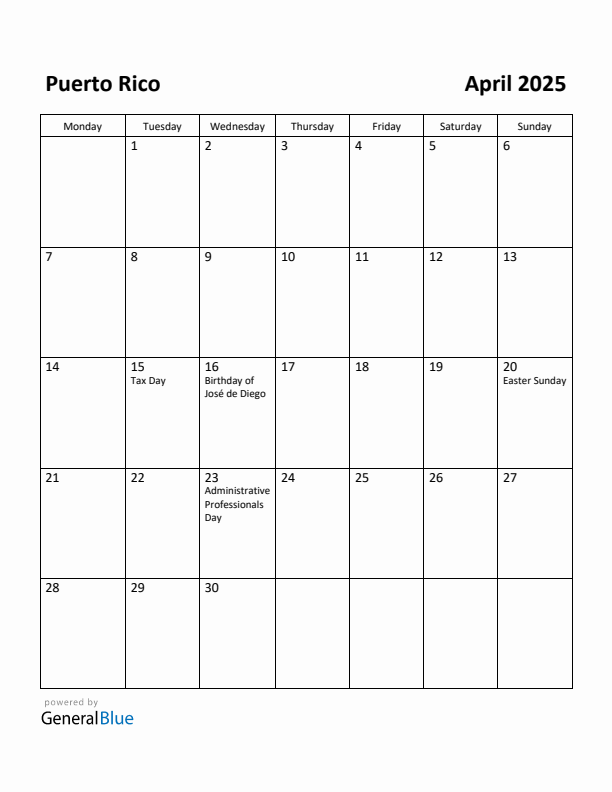 April 2025 Calendar with Puerto Rico Holidays