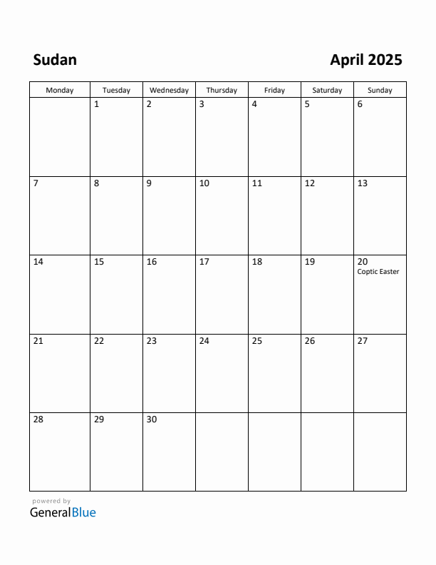 April 2025 Calendar with Sudan Holidays