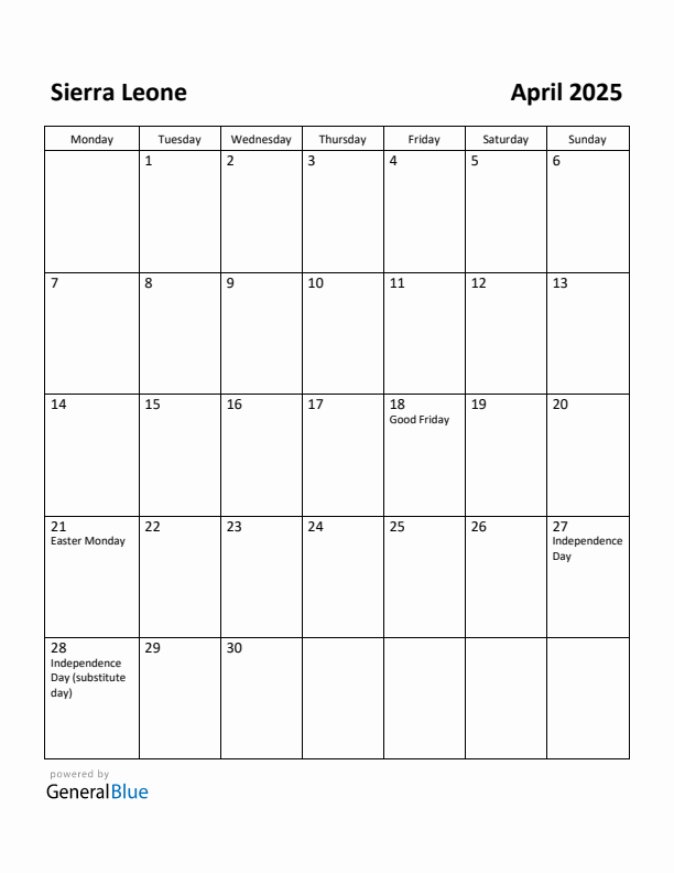 April 2025 Calendar with Sierra Leone Holidays