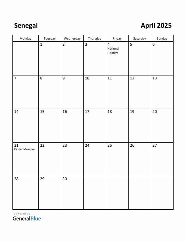 April 2025 Calendar with Senegal Holidays