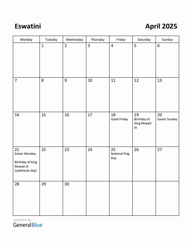 April 2025 Calendar with Eswatini Holidays