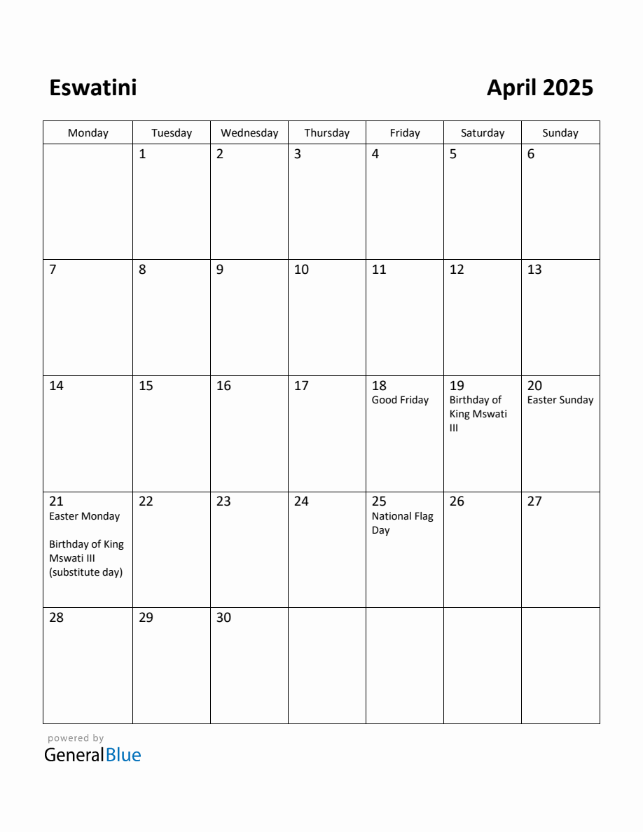 Free Printable April 2025 Calendar for Eswatini (Monday Start)
