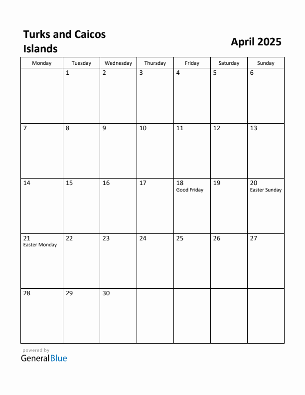 April 2025 Calendar with Turks and Caicos Islands Holidays