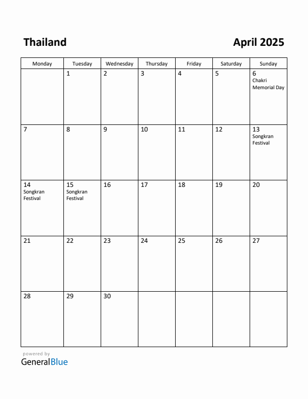 April 2025 Calendar with Thailand Holidays