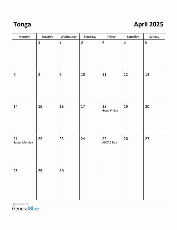 April 2025 Calendar with Tonga Holidays