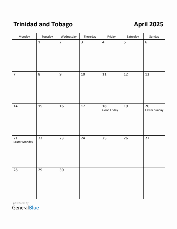 April 2025 Calendar with Trinidad and Tobago Holidays