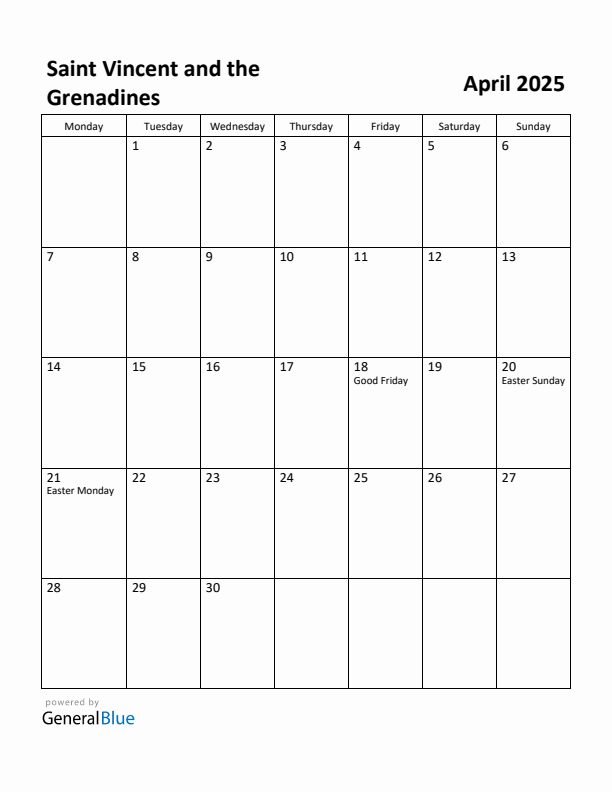 April 2025 Calendar with Saint Vincent and the Grenadines Holidays