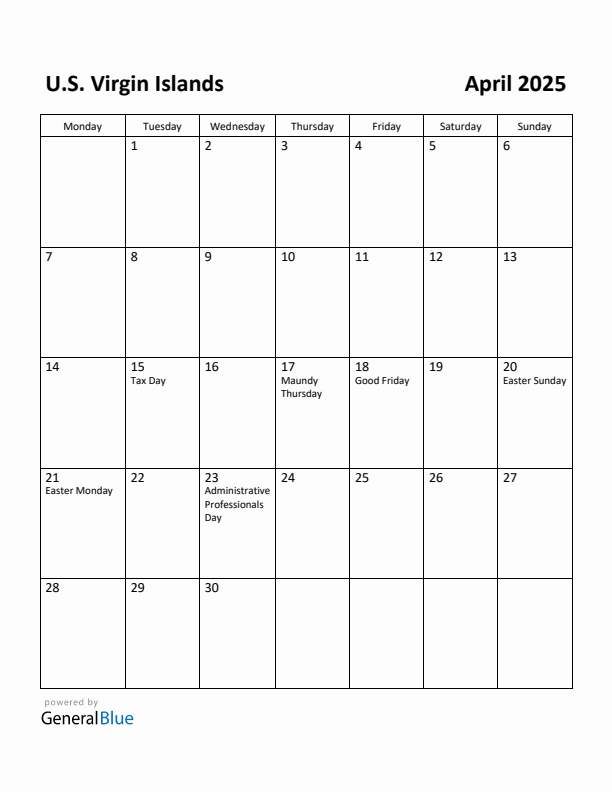 April 2025 Calendar with U.S. Virgin Islands Holidays