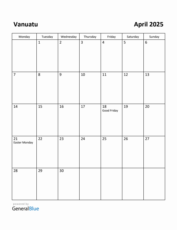 April 2025 Calendar with Vanuatu Holidays