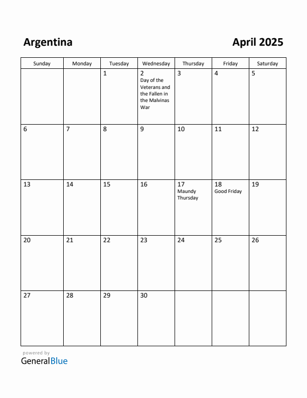 April 2025 Calendar with Argentina Holidays