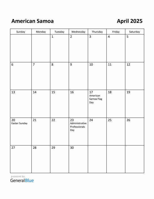 April 2025 Calendar with American Samoa Holidays