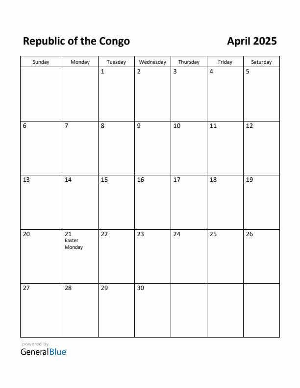 April 2025 Calendar with Republic of the Congo Holidays
