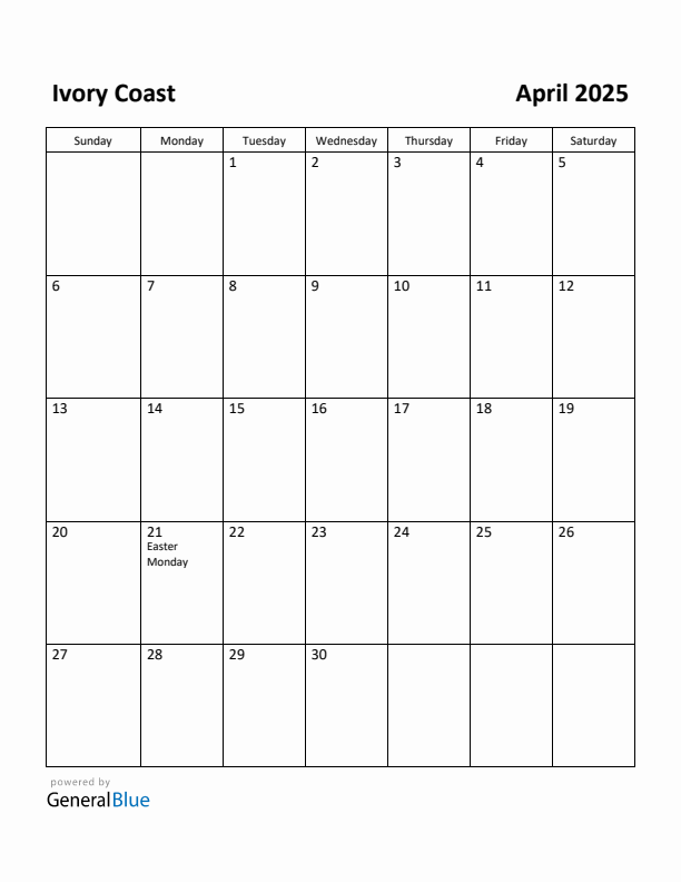 April 2025 Calendar with Ivory Coast Holidays