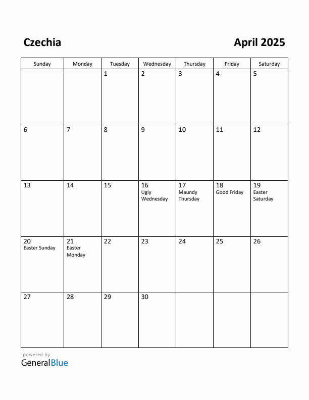 April 2025 Calendar with Czechia Holidays