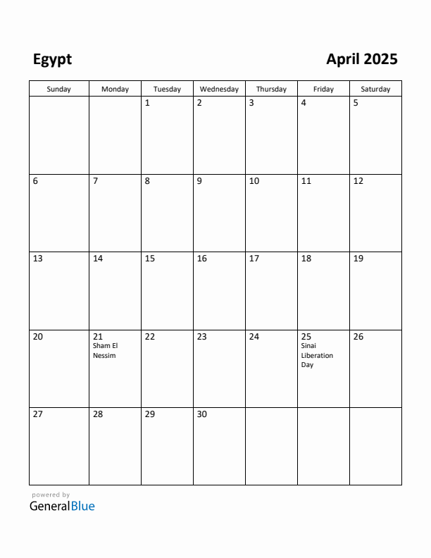 April 2025 Calendar with Egypt Holidays