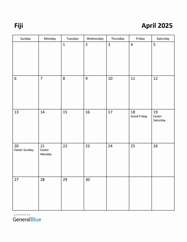 April 2025 Calendar with Fiji Holidays