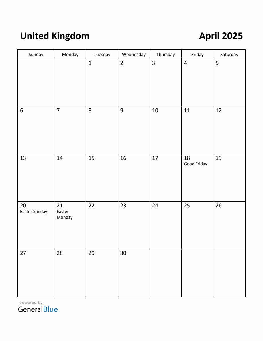 Free Printable April 2025 Calendar for United Kingdom