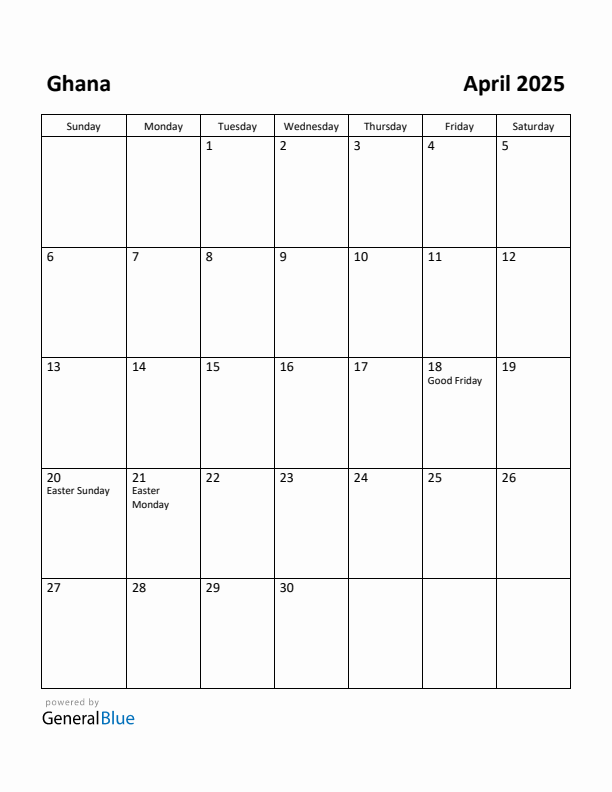 April 2025 Calendar with Ghana Holidays