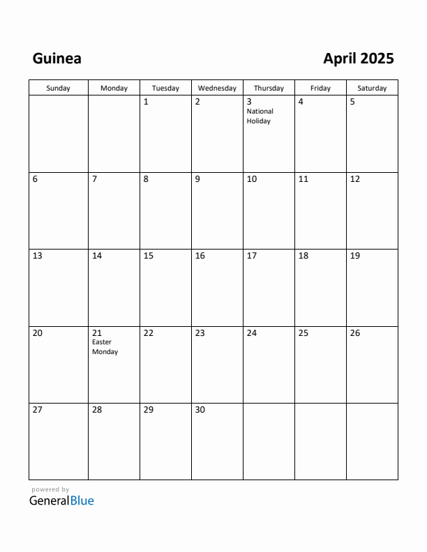 April 2025 Calendar with Guinea Holidays