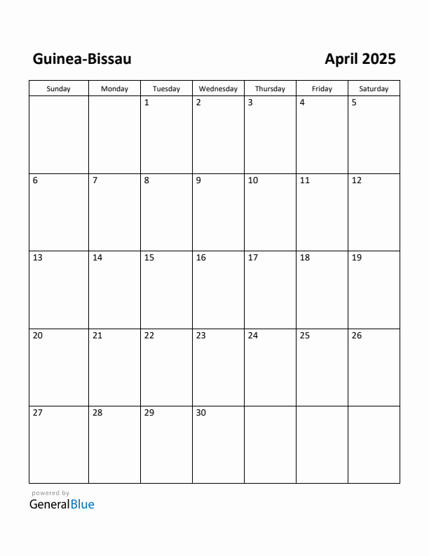 April 2025 Calendar with Guinea-Bissau Holidays