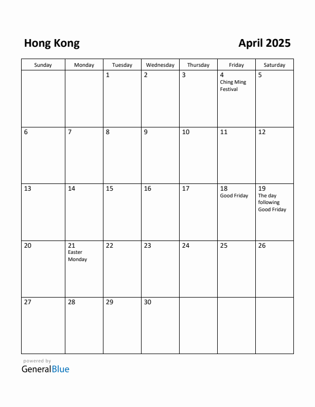 April 2025 Calendar with Hong Kong Holidays