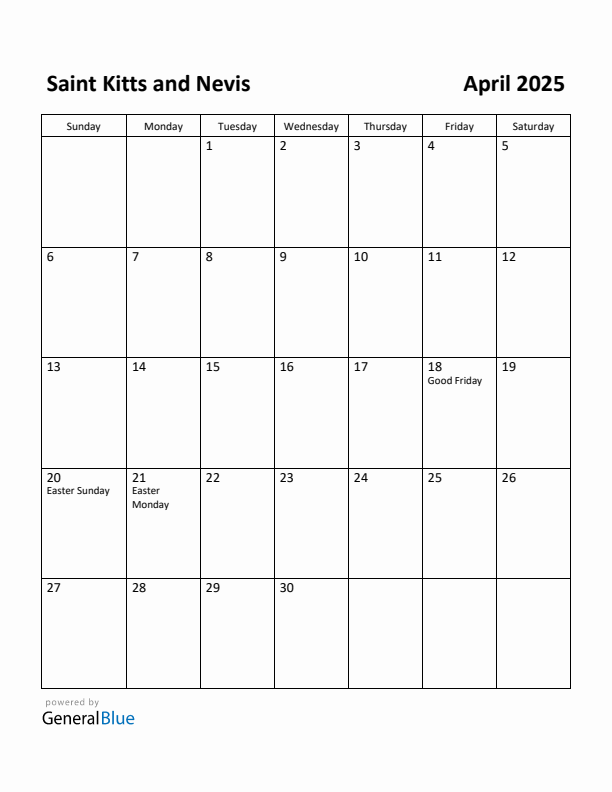 April 2025 Calendar with Saint Kitts and Nevis Holidays