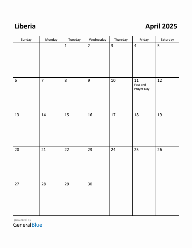 April 2025 Calendar with Liberia Holidays