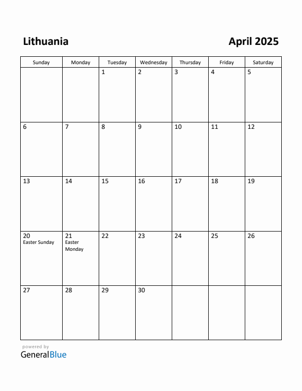 April 2025 Calendar with Lithuania Holidays