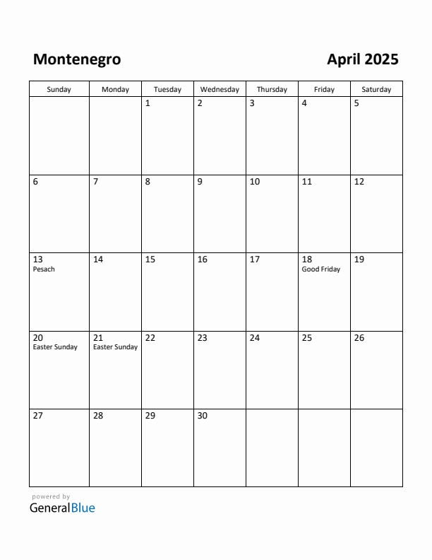 April 2025 Calendar with Montenegro Holidays