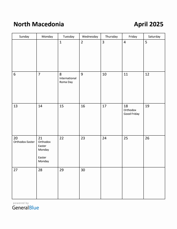 April 2025 Calendar with North Macedonia Holidays