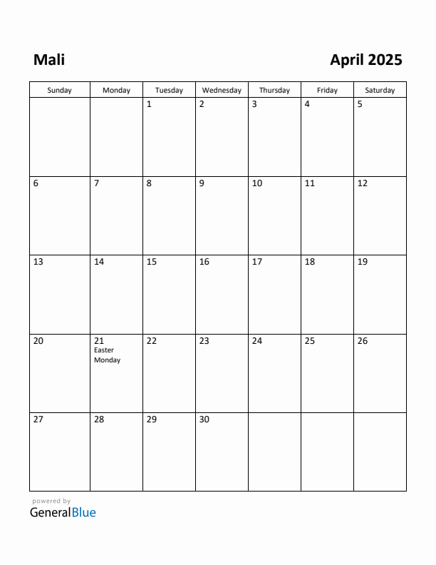 April 2025 Calendar with Mali Holidays