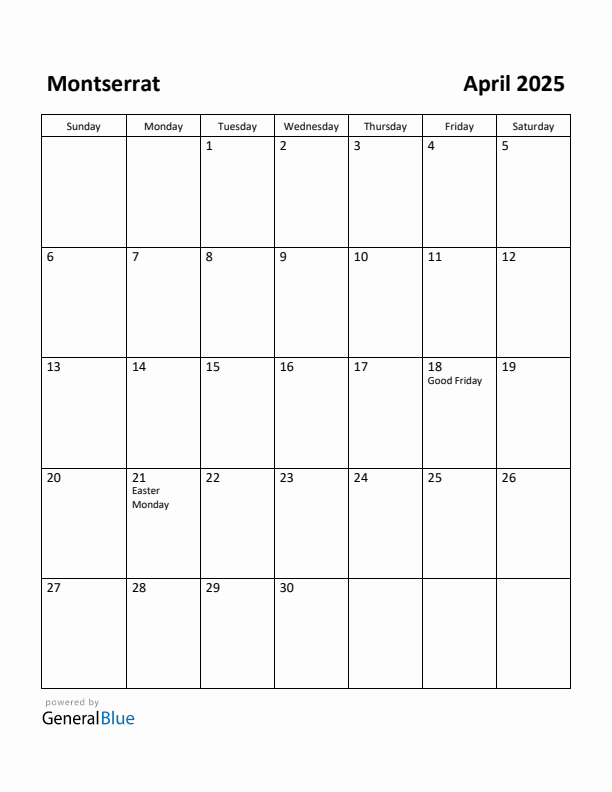April 2025 Calendar with Montserrat Holidays