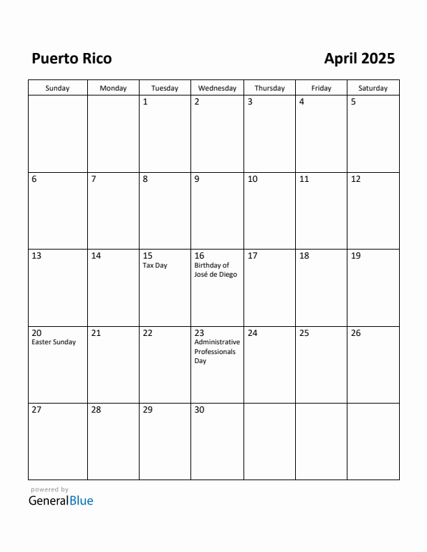 April 2025 Calendar with Puerto Rico Holidays