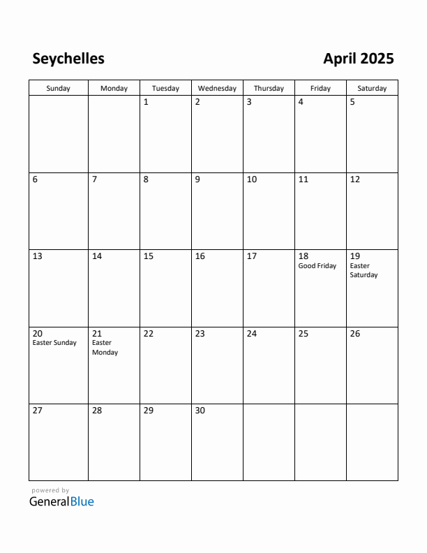 April 2025 Calendar with Seychelles Holidays