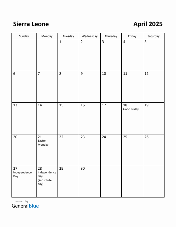 April 2025 Calendar with Sierra Leone Holidays