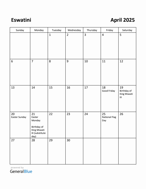 April 2025 Calendar with Eswatini Holidays