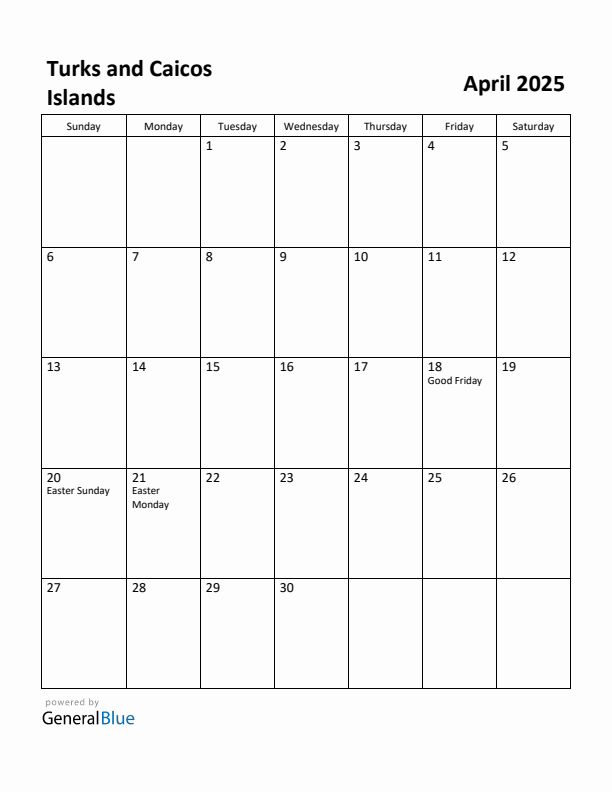 April 2025 Calendar with Turks and Caicos Islands Holidays
