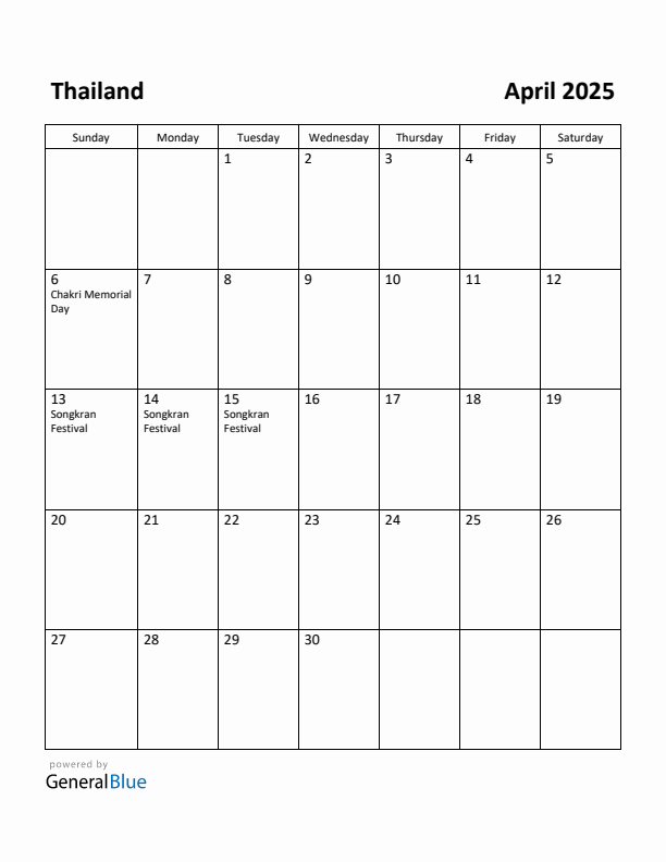 April 2025 Calendar with Thailand Holidays