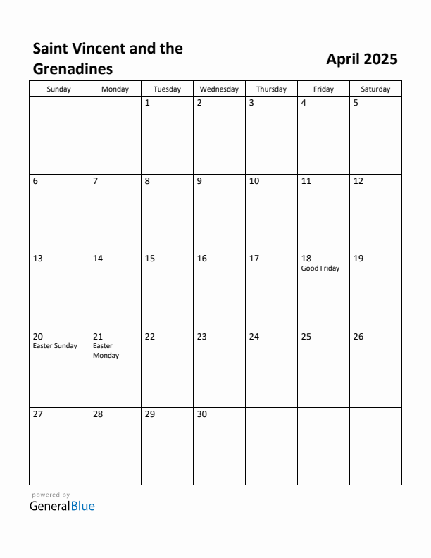 April 2025 Calendar with Saint Vincent and the Grenadines Holidays