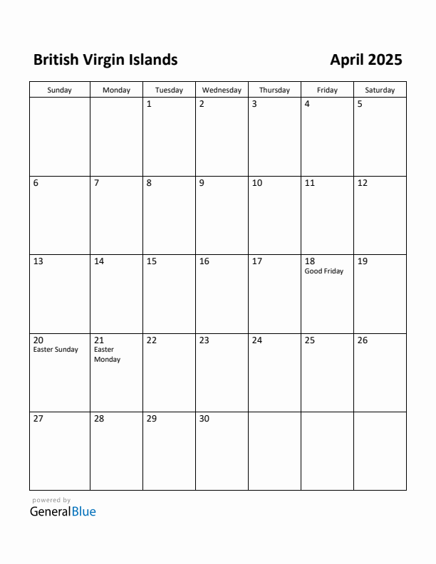April 2025 Calendar with British Virgin Islands Holidays