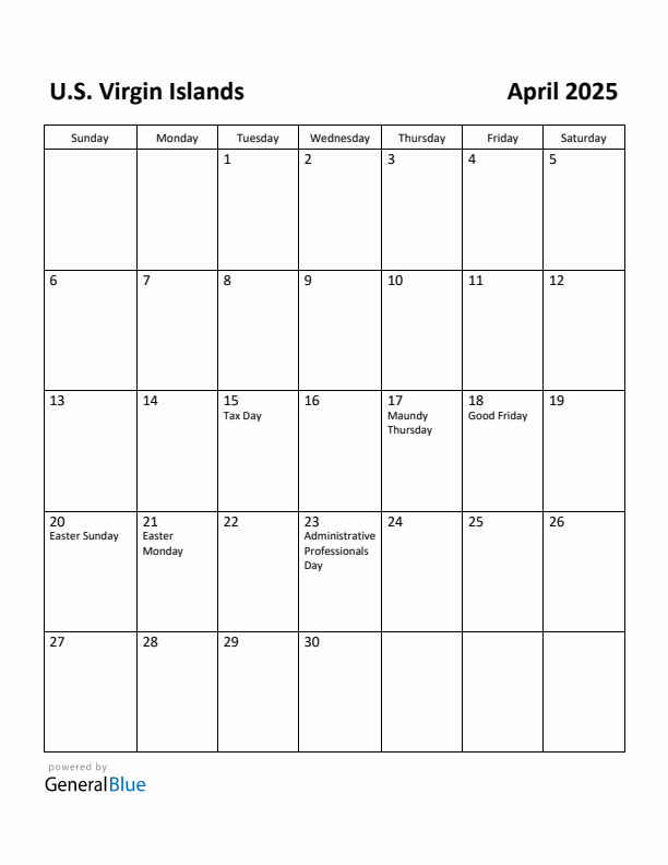 April 2025 Calendar with U.S. Virgin Islands Holidays