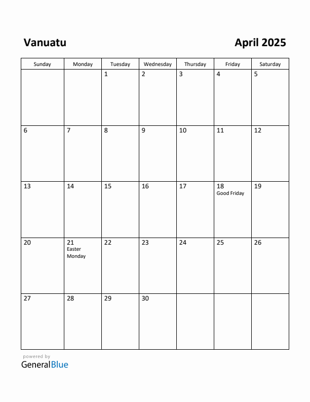 April 2025 Calendar with Vanuatu Holidays