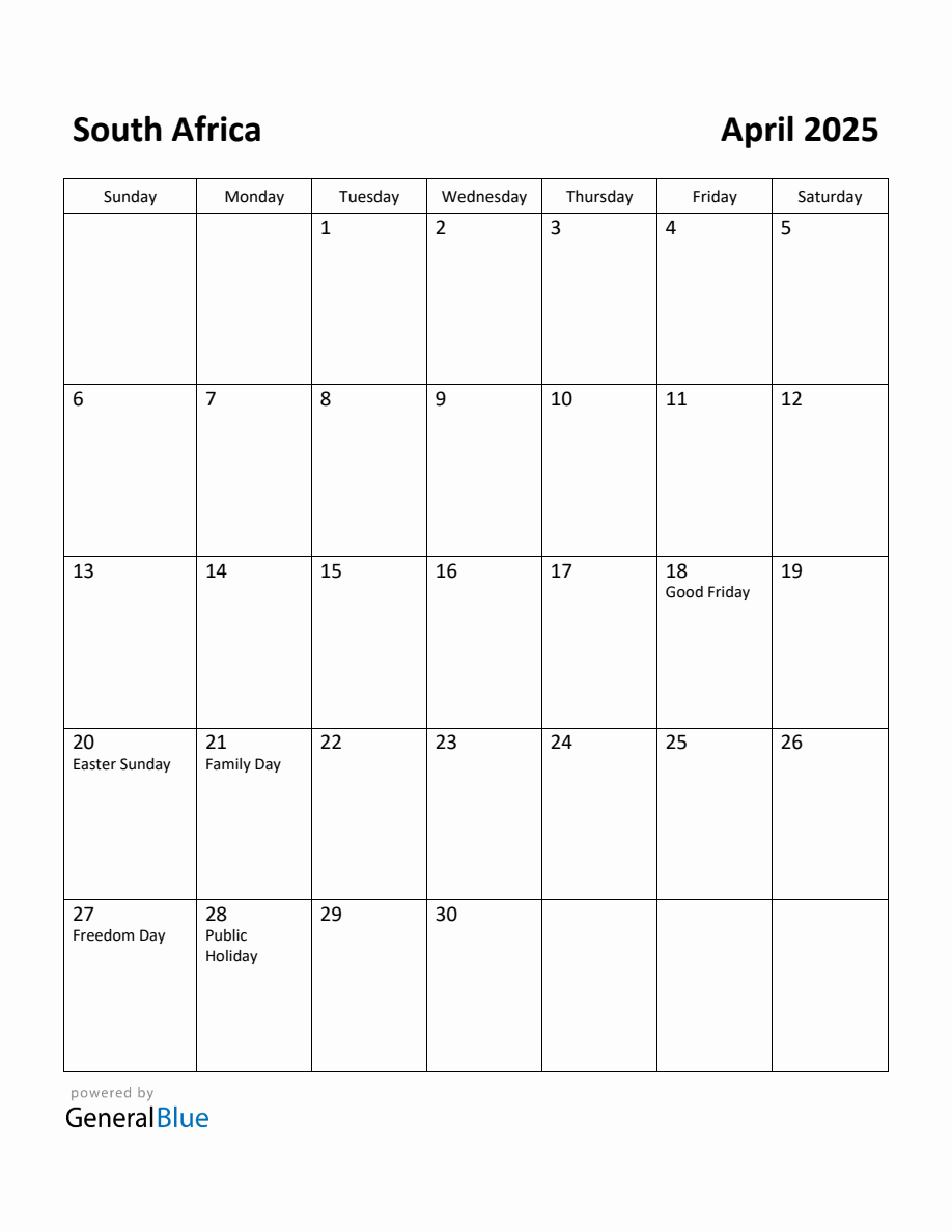 Free Printable April 2025 Calendar for South Africa