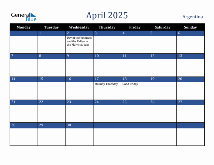 April 2025 Argentina Calendar (Monday Start)