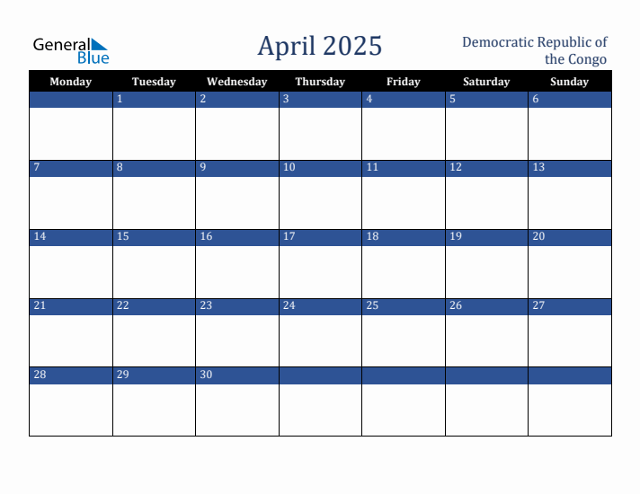 April 2025 Democratic Republic of the Congo Calendar (Monday Start)