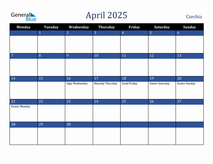 April 2025 Czechia Calendar (Monday Start)