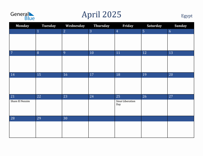 April 2025 Egypt Calendar (Monday Start)