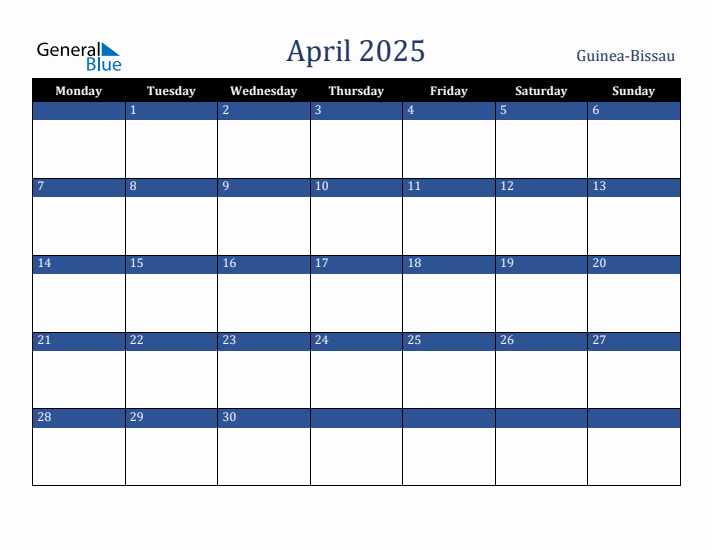 April 2025 Guinea-Bissau Calendar (Monday Start)