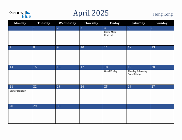 April 2025 Hong Kong Calendar (Monday Start)